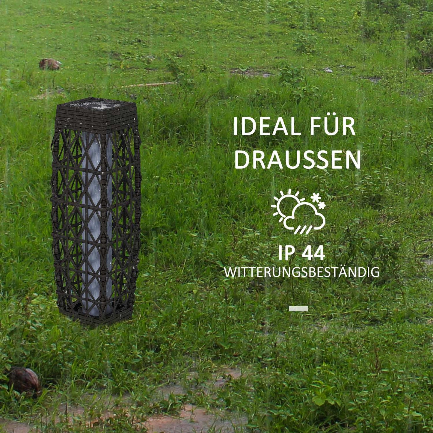 Solar LED garden lamp with rattan & light sensor, grey