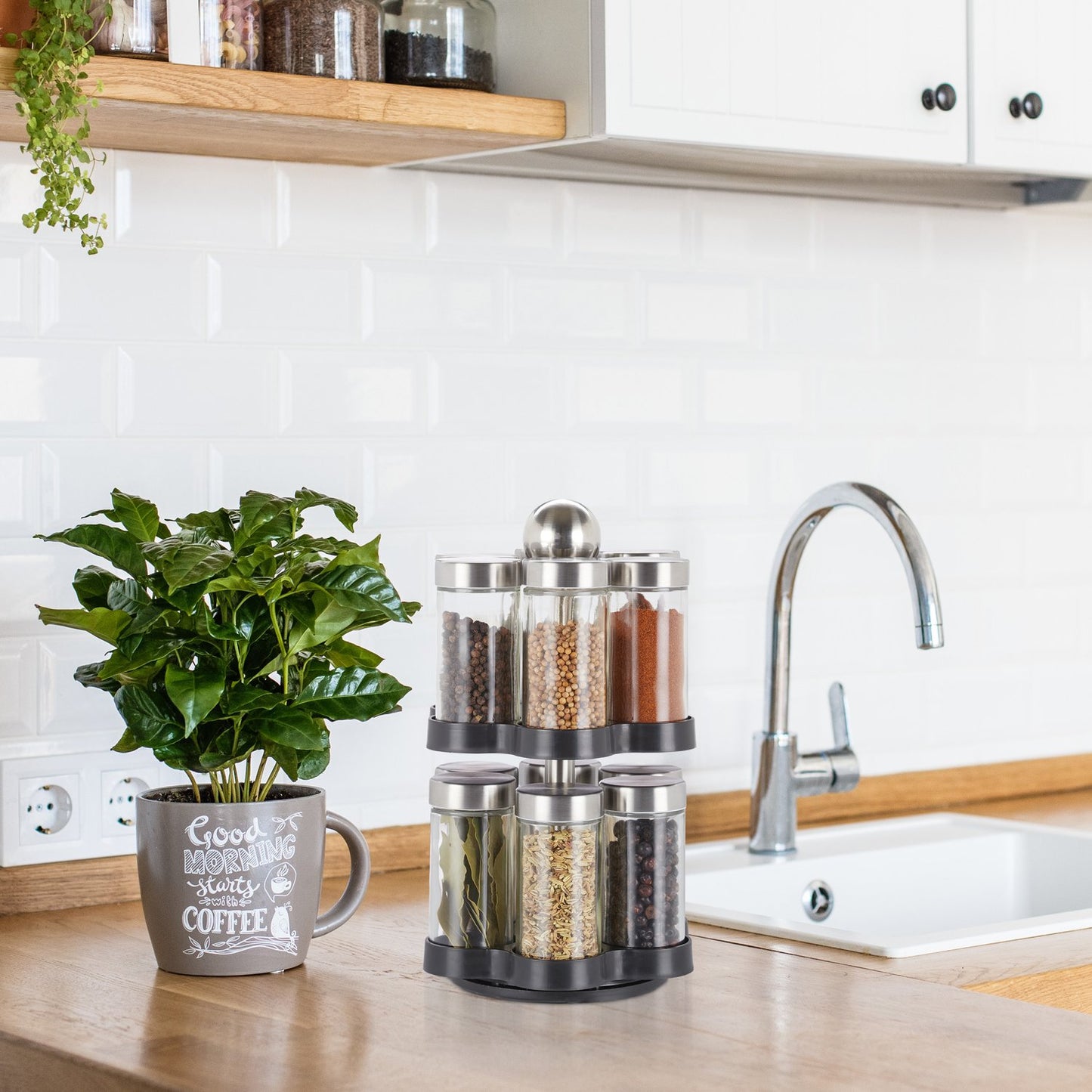 Spice rack with 12 glass jars