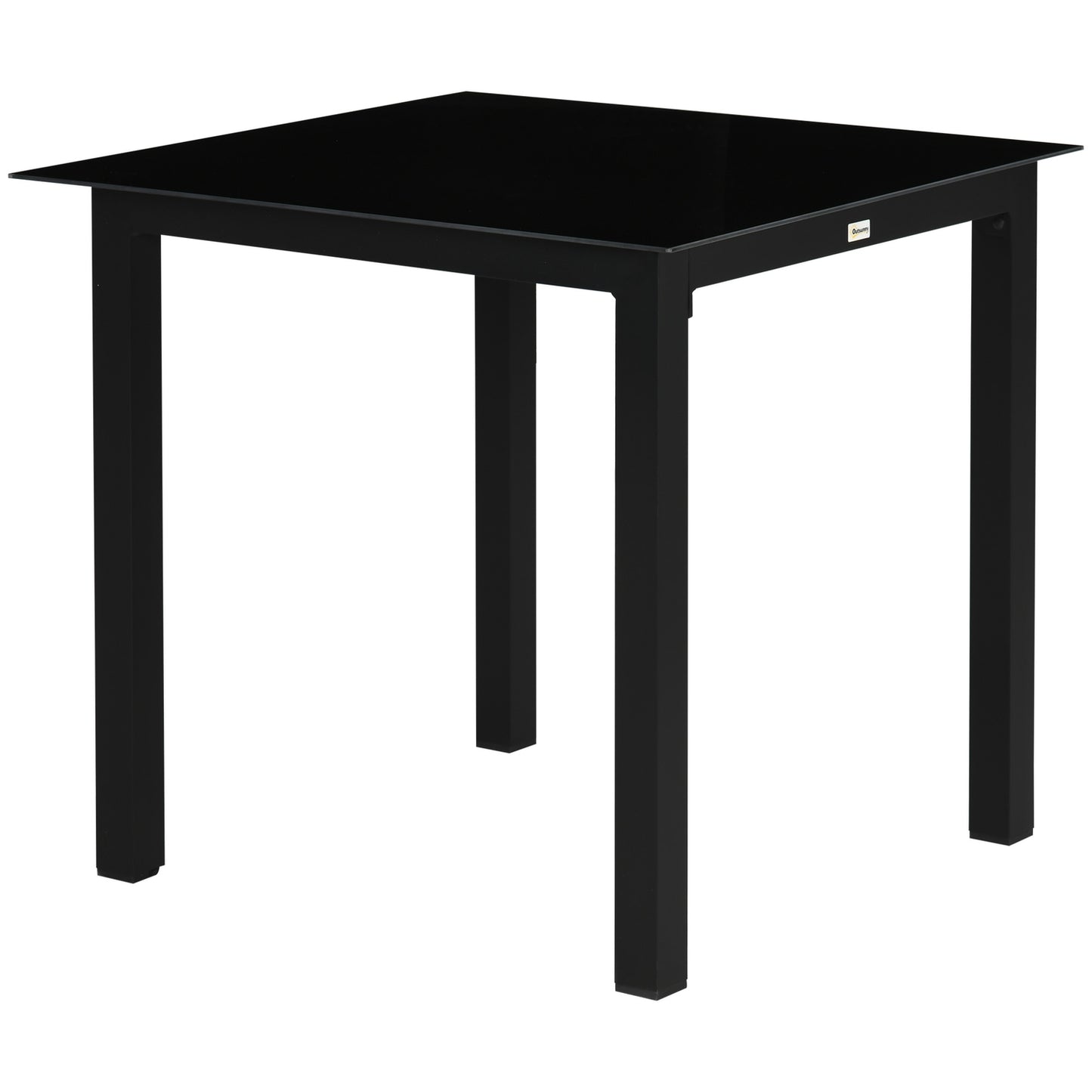 Square aluminum patio table, tempered glass top, seats 4