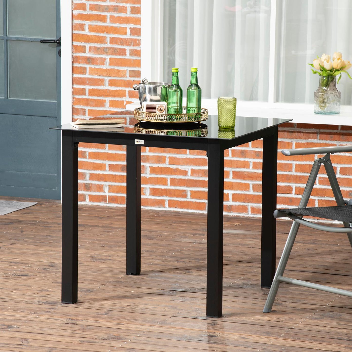 Square aluminum patio table, tempered glass top, seats 4