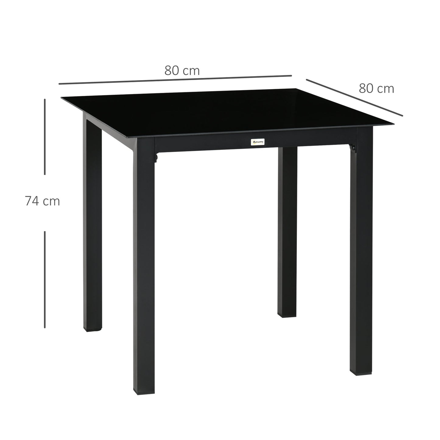 Square aluminum patio table, tempered glass top, seats 4
