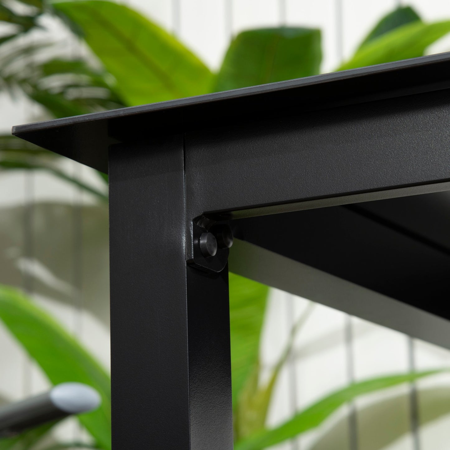 Square aluminum patio table, tempered glass top, seats 4