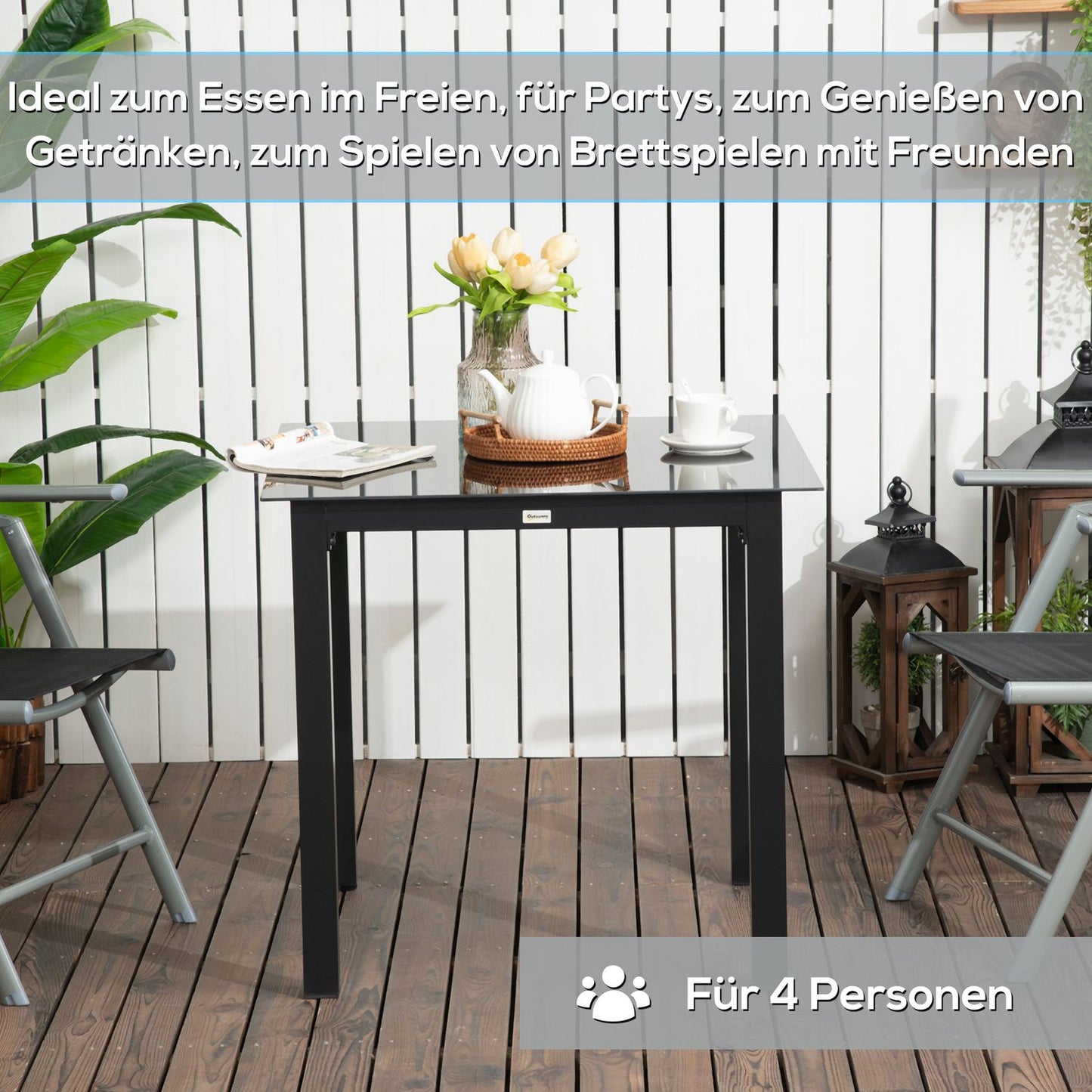 Square aluminum patio table, tempered glass top, seats 4