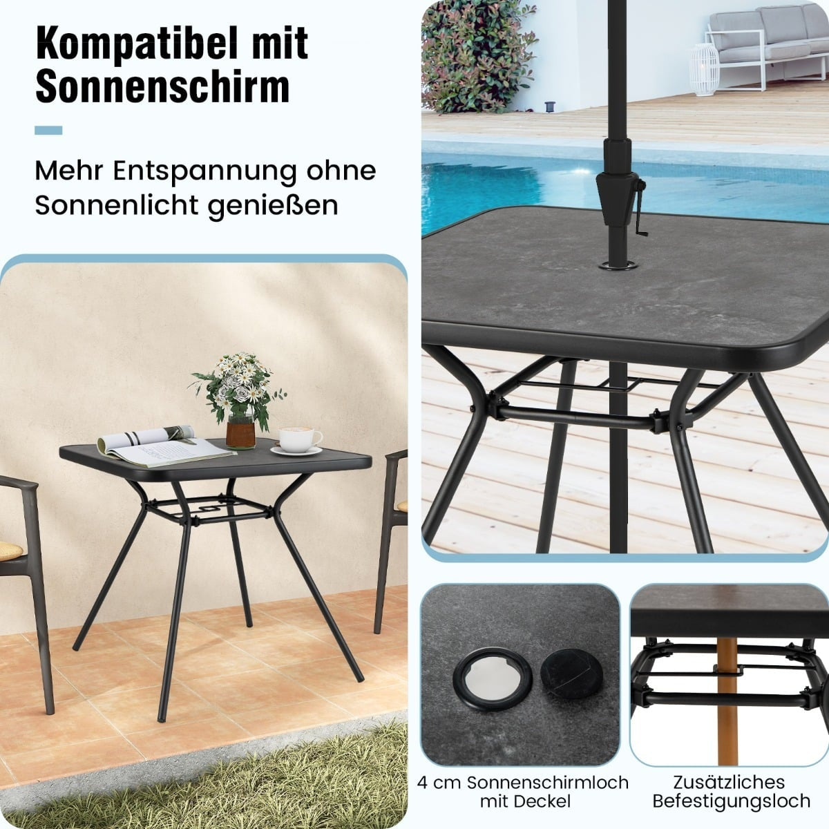 Square Outdoor Dining Table with DPC Top, Umbrella Hole, 80cm