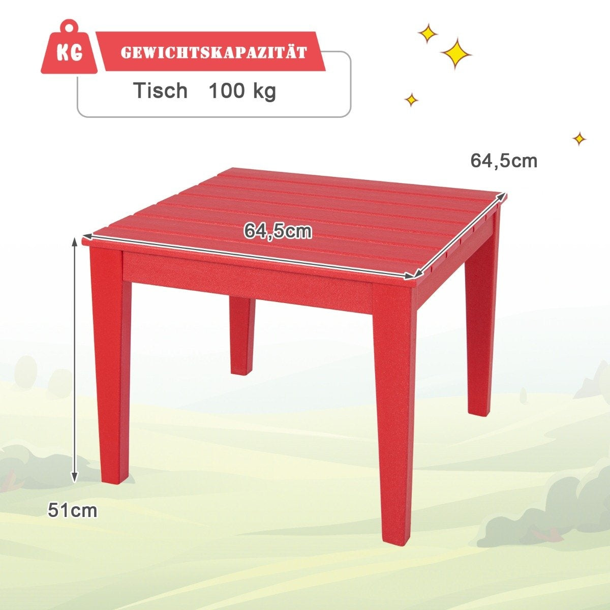 Square children's table weatherproof durable play table red 64.5 cm x 64.5 cm