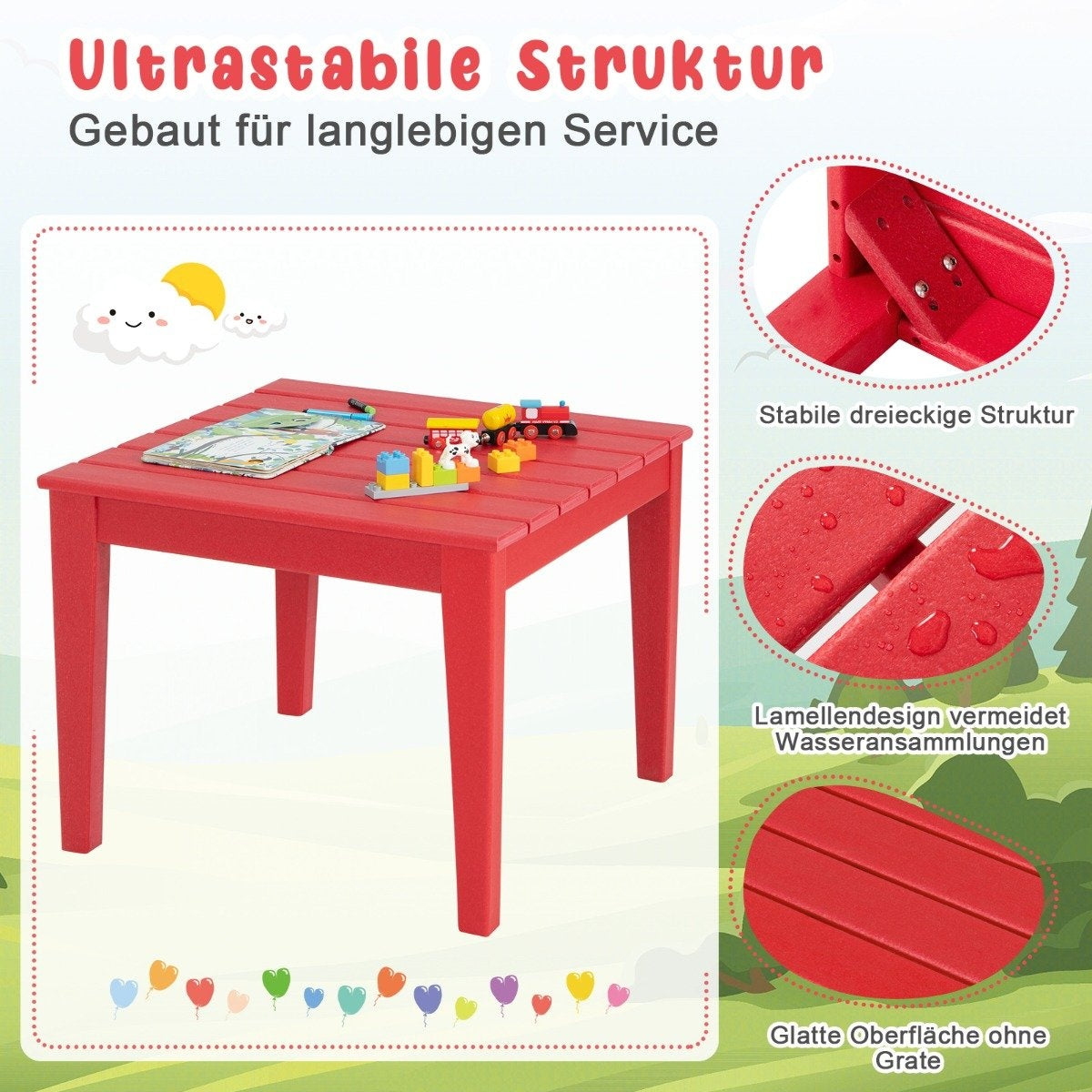 Square children's table weatherproof durable play table red 64.5 cm x 64.5 cm