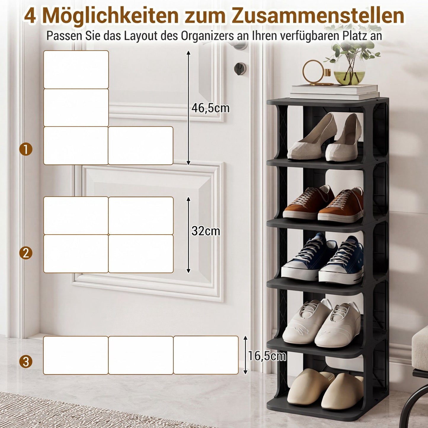 Stackable 6-Tier Shoe Rack, Black, Vertical Organizer