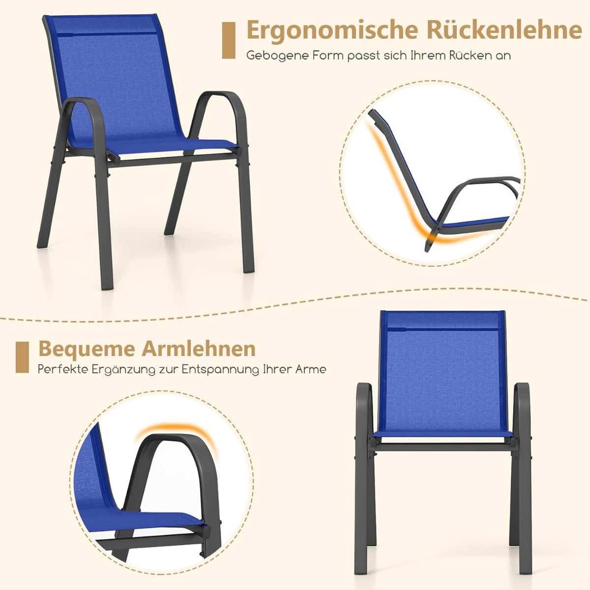 Stackable Outdoor Chairs Set of 4, Blue, Textilene & Metal