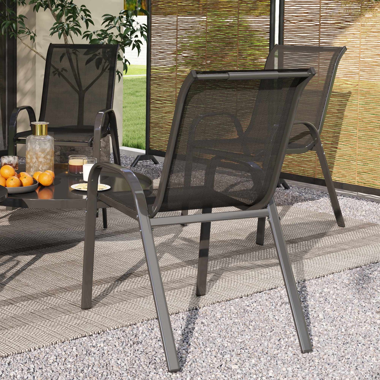 Stackable Outdoor Garden Chairs Set of 4, Steel, Black