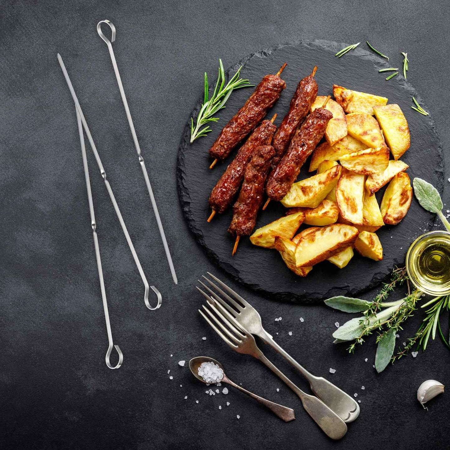 Stainless steel barbecue skewers in a set of 20