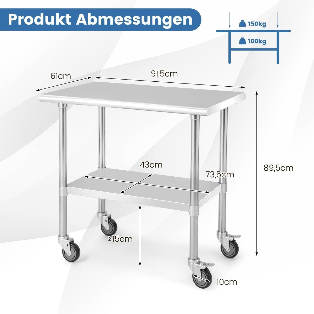Stainless steel table work table kitchen table stainless steel silver 91.5 x 61 x 88.5 cm