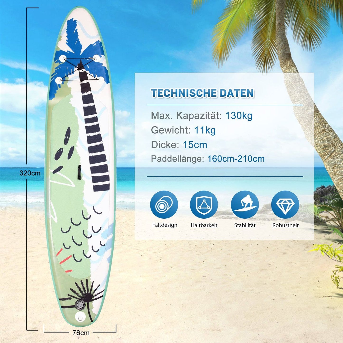 Stand Up Surfboard Inflatable Surfboard Paddle Board 320 x 76 x 15 cm Green