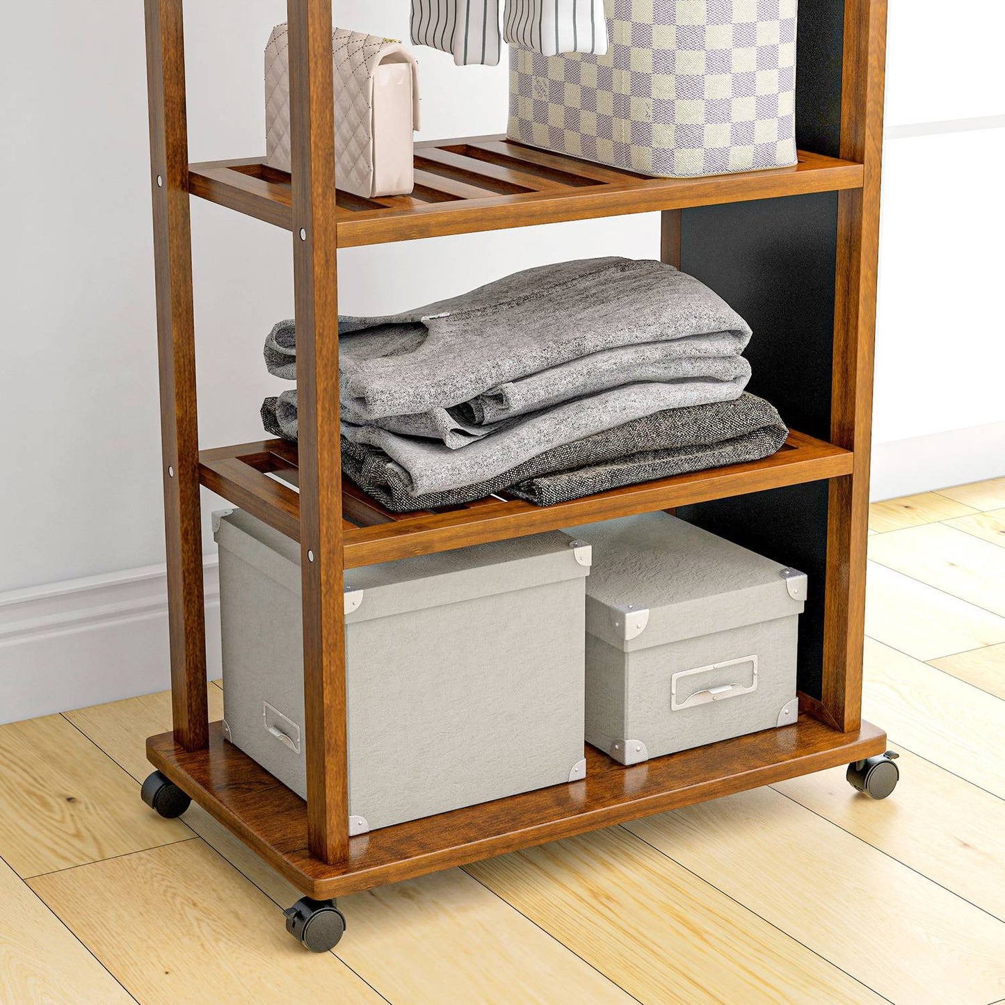 Standing full-length mirror with wheels, walnut finish