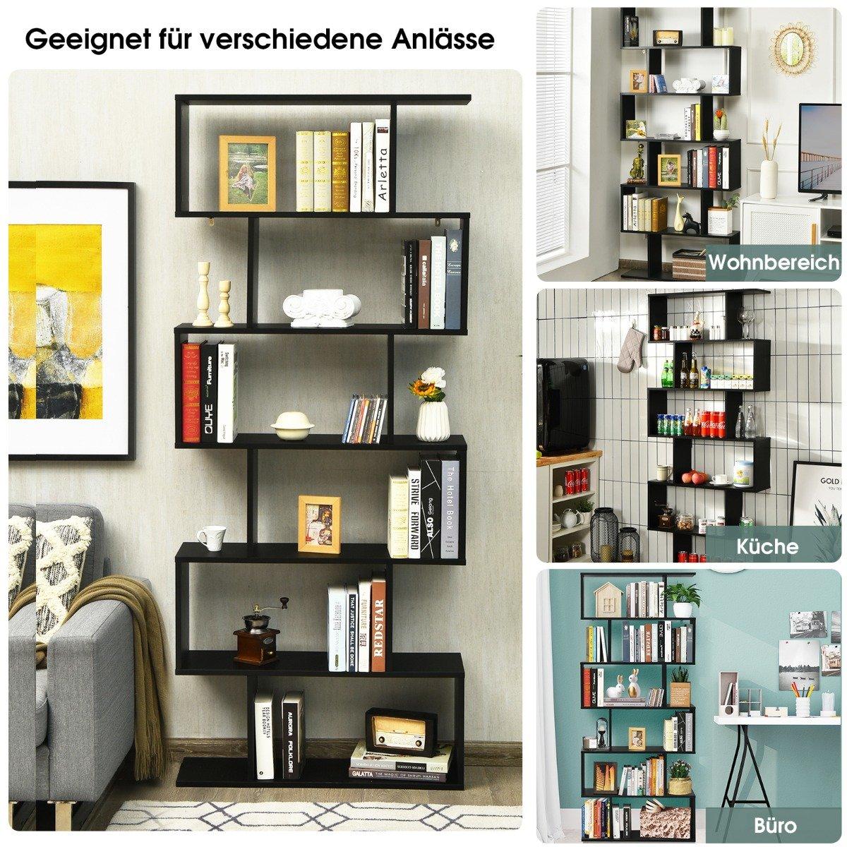 Standing shelf 6 levels S-shape bookcase storage shelf wood color choice black