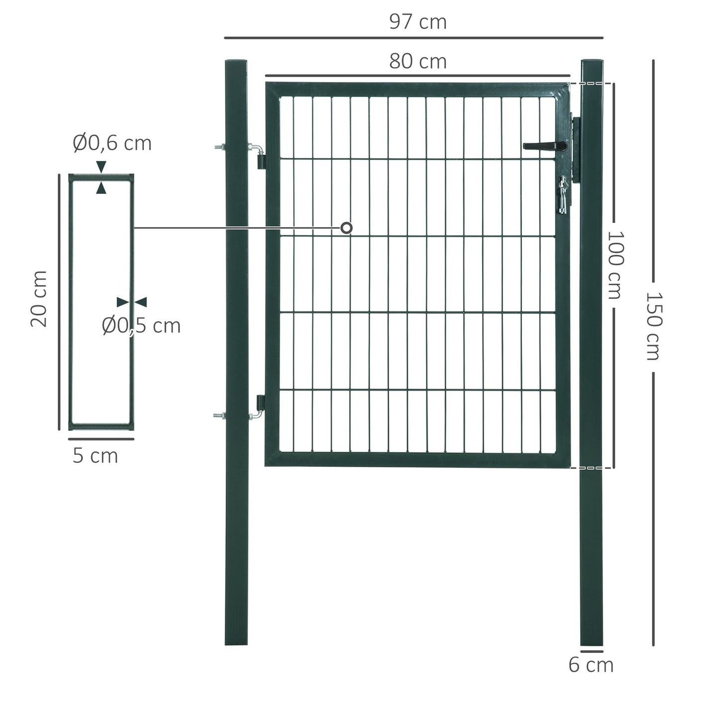 Steel garden gate with handle and lock, 97 x 150 cm, green