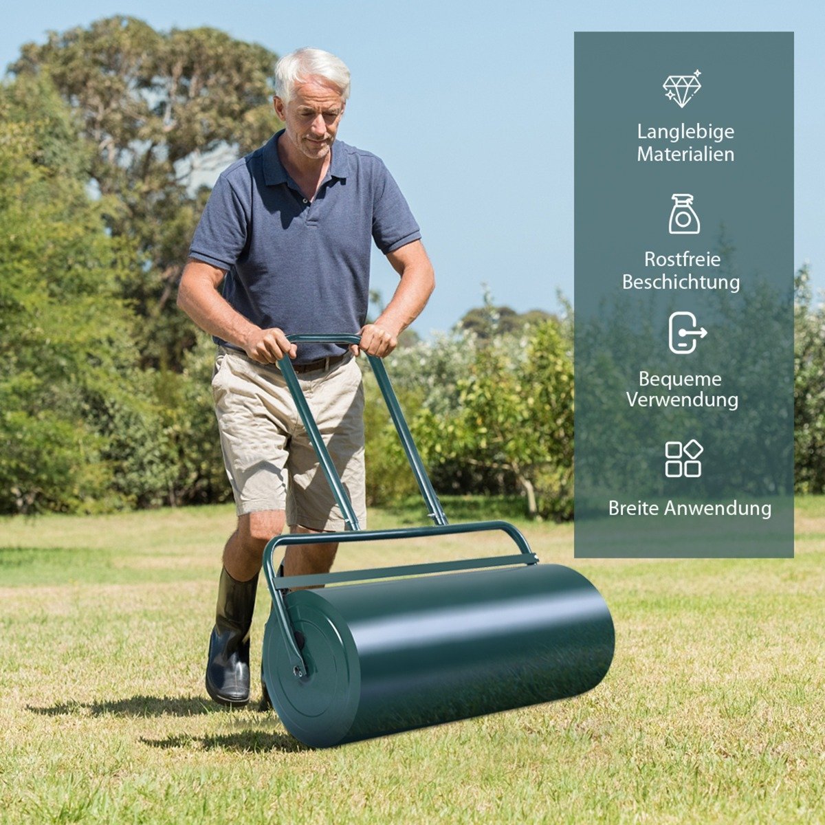 Steel lawn roller with water and sand roller Lawn roller with heavy roller Hand roller with U-shaped handle Green