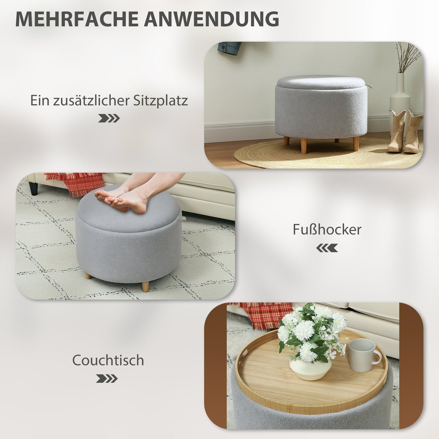 Grey Storage Ottoman – Teddy Fleece, Hidden Storage, 56x56x42 cm