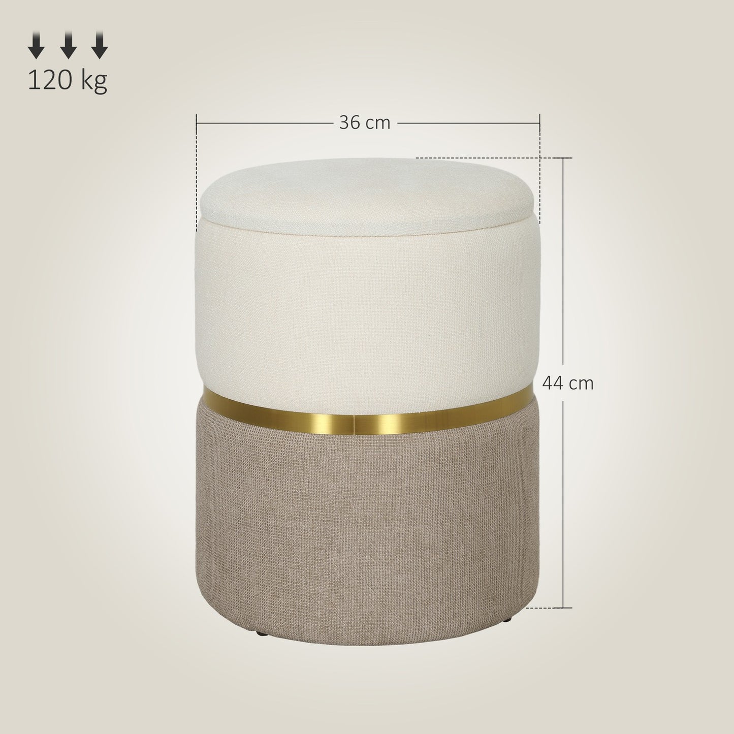 Stool with storage space Stool with lid, metal ring, two-tone design 36 x 36 x 44 cm Cream white