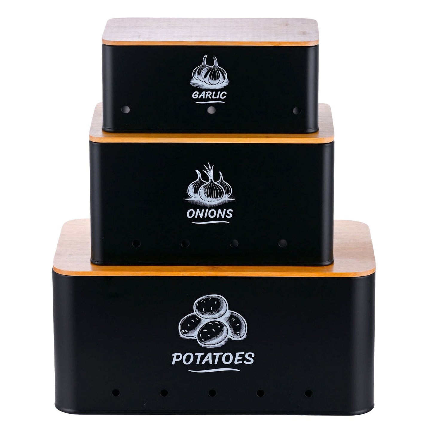 Storage Box Set, 3 Pcs, Metal with Bamboo Lids
