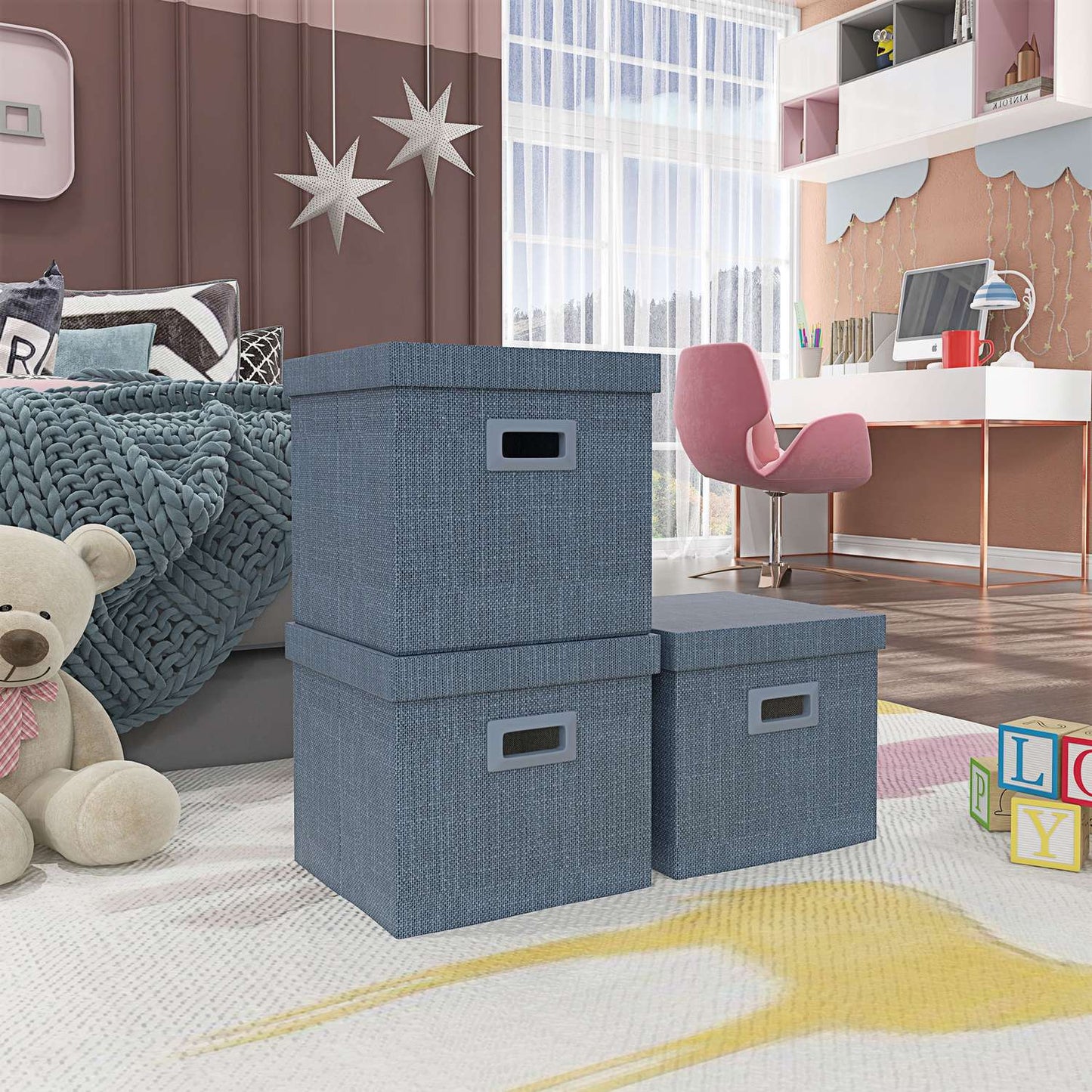 Stackable blue storage cubes Set of 3, foldable - 30x30x29 cm