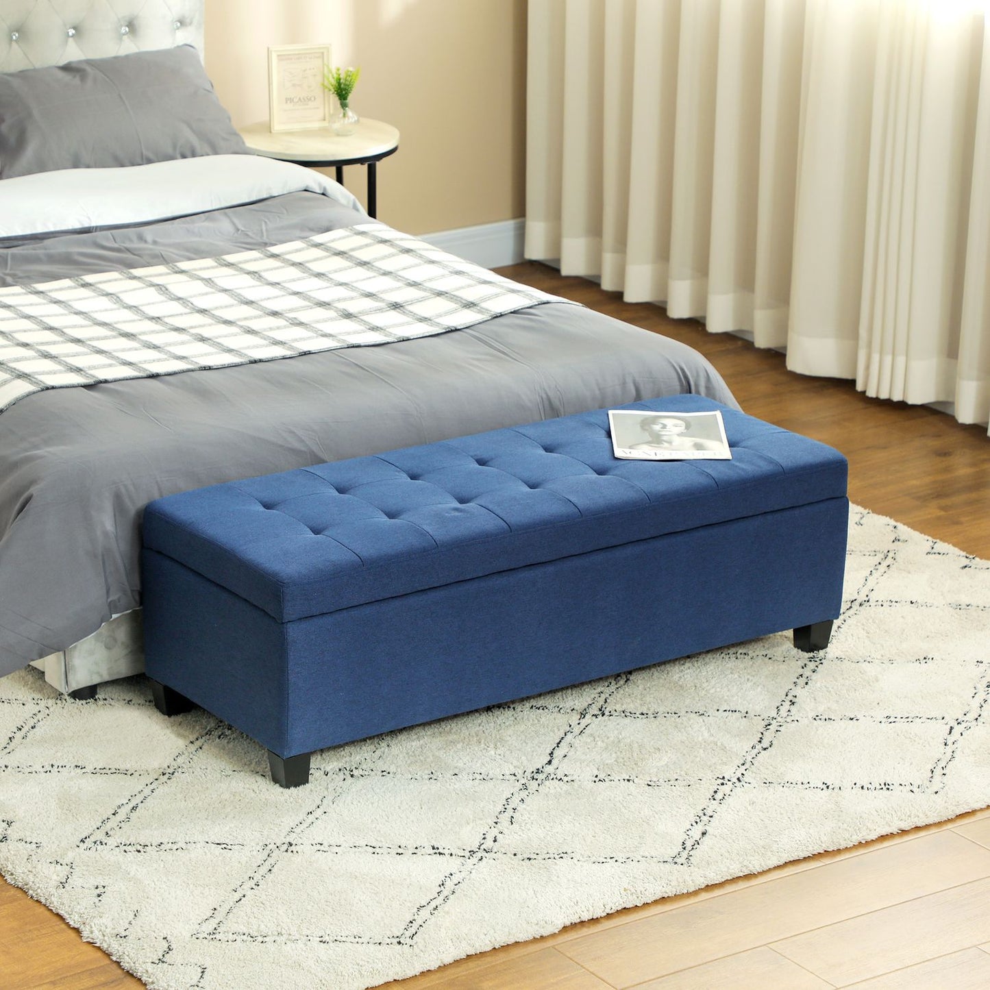 Storage Ottoman Bench with Button Tufting, Blue, 125 cm