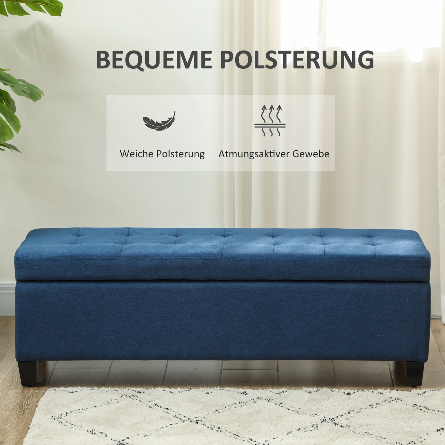 Storage Ottoman Bench with Button Tufting, Blue, 125 cm