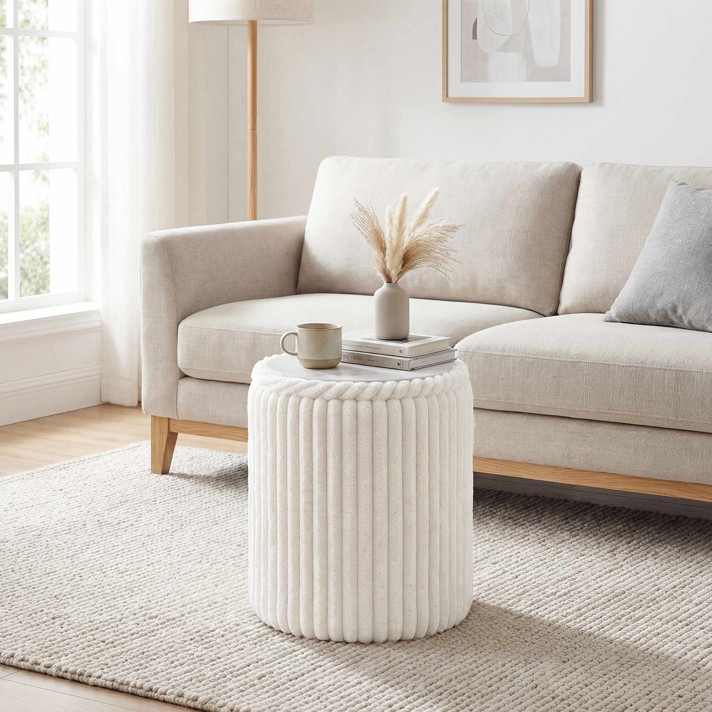 Storage Ottoman with Reversible Lid, White Corduroy, 35x35x45 cm