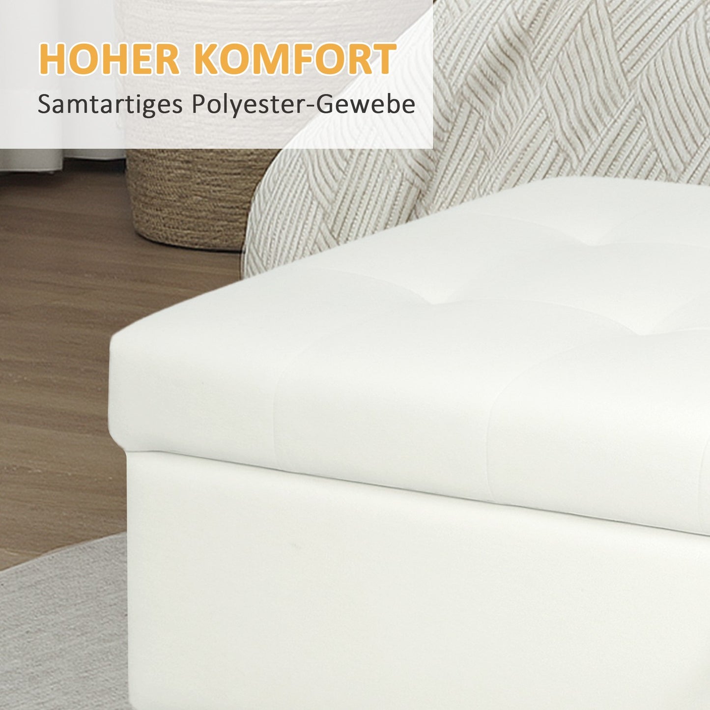 Storage Ottoman with Soft Fabric, Wooden Legs, Cream White