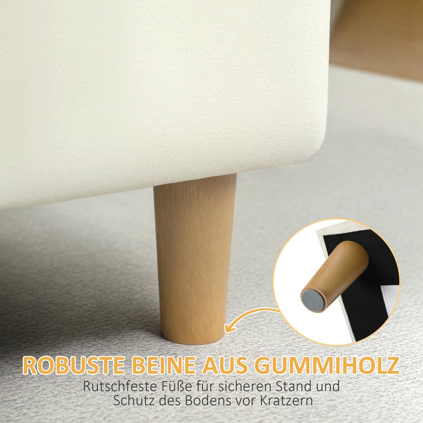Storage Ottoman with Soft Fabric, Wooden Legs, Cream White