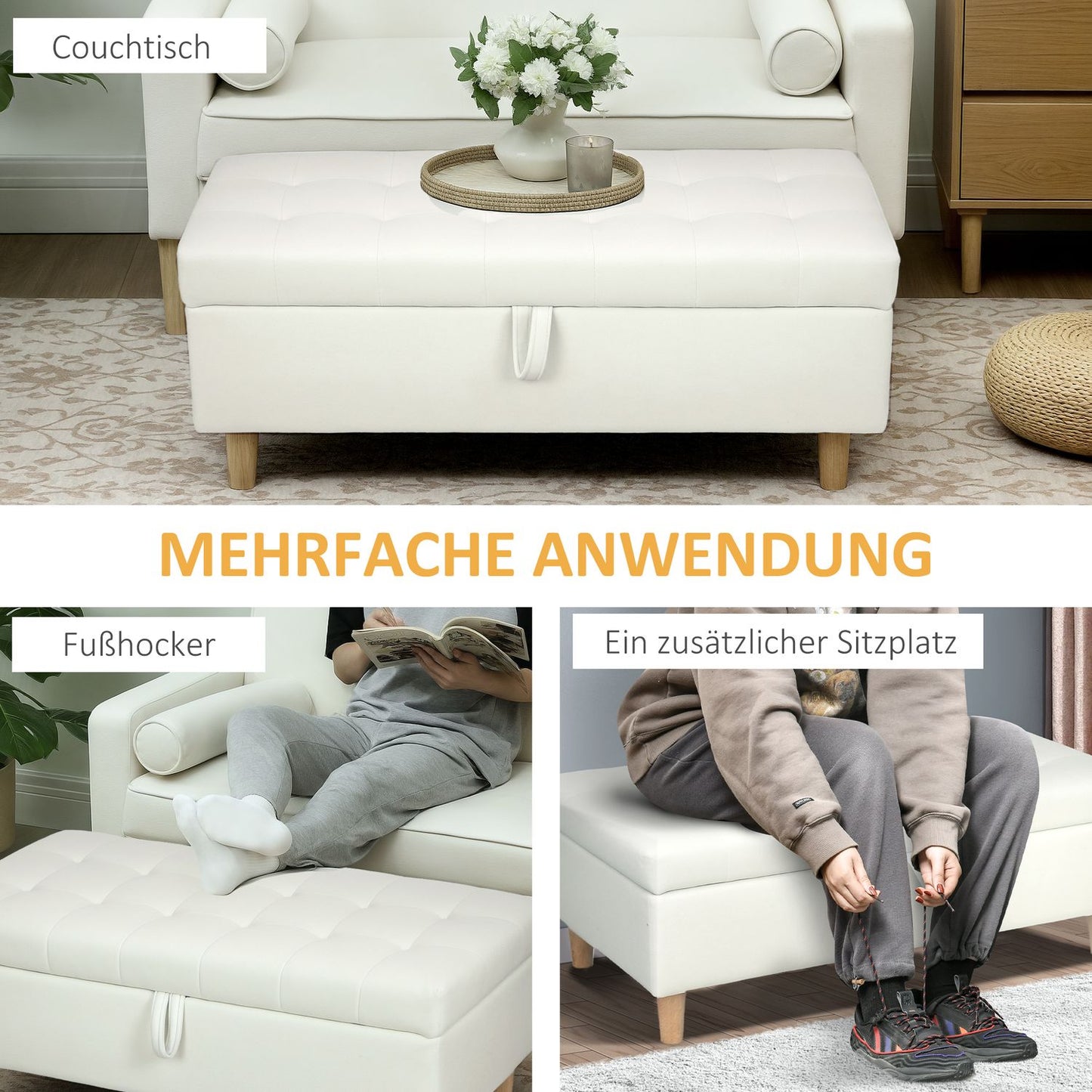 Storage Ottoman with Soft Fabric, Wooden Legs, Cream White