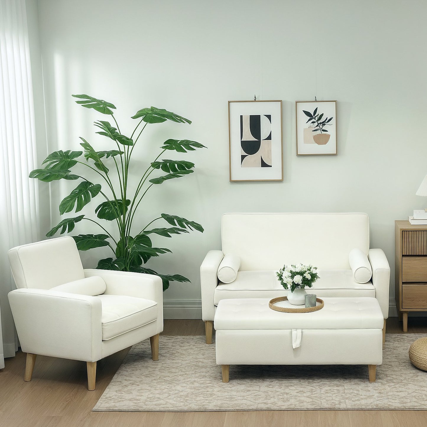 Storage Ottoman with Soft Fabric, Wooden Legs, Cream White