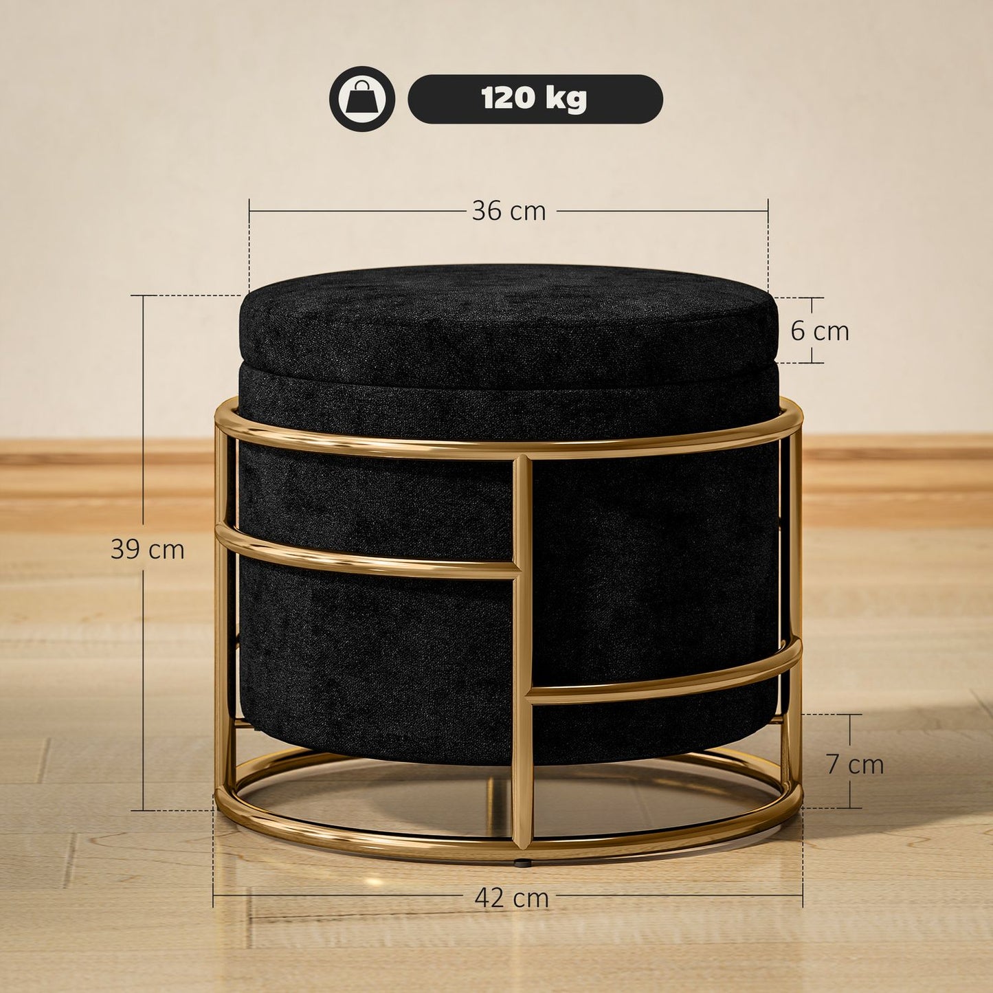 Storage Ottoman with Velvet, Black, Gold Metal Frame
