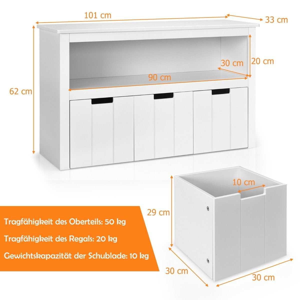 Storage cabinet with drawers Wooden children's cabinet with wheels 101 x 33 x 62cm White
