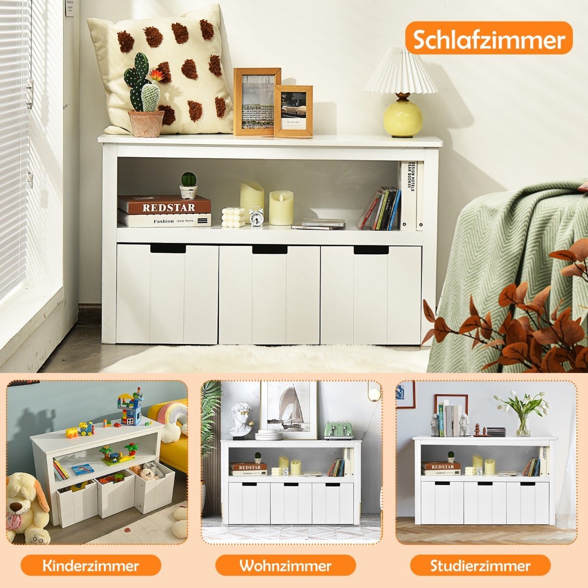Storage cabinet with drawers Wooden children's cabinet with wheels 101 x 33 x 62cm White