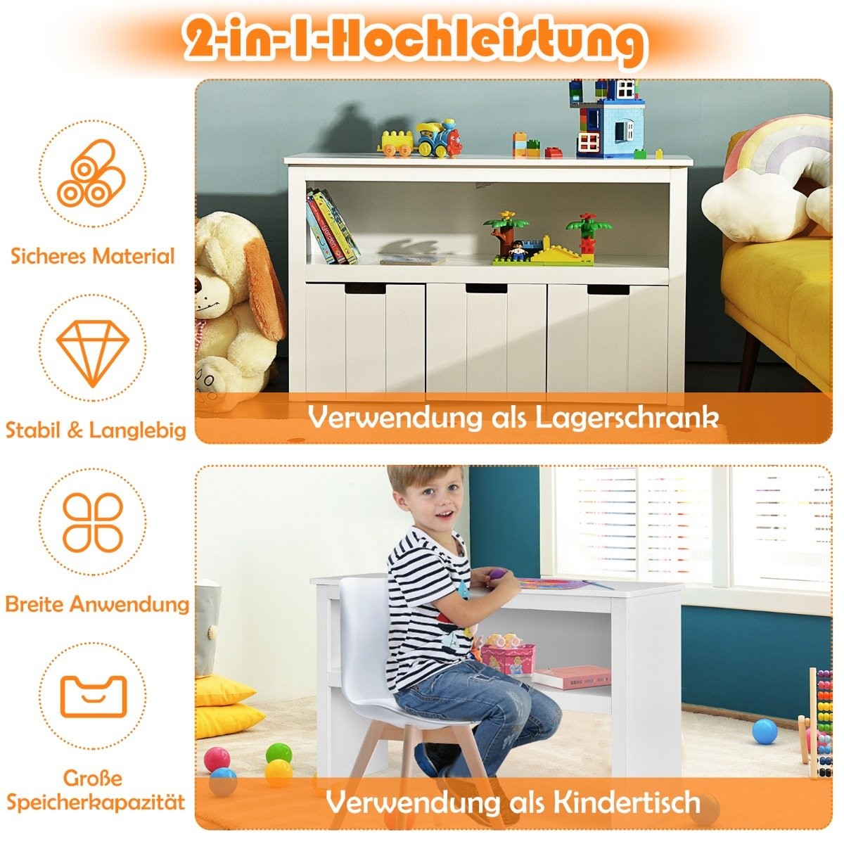 Storage cabinet with drawers Wooden children's cabinet with wheels 101 x 33 x 62cm White