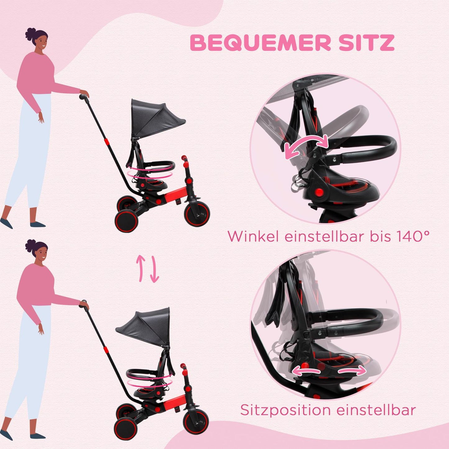 3-in-1 convertible stroller tricycle, adjustable handle