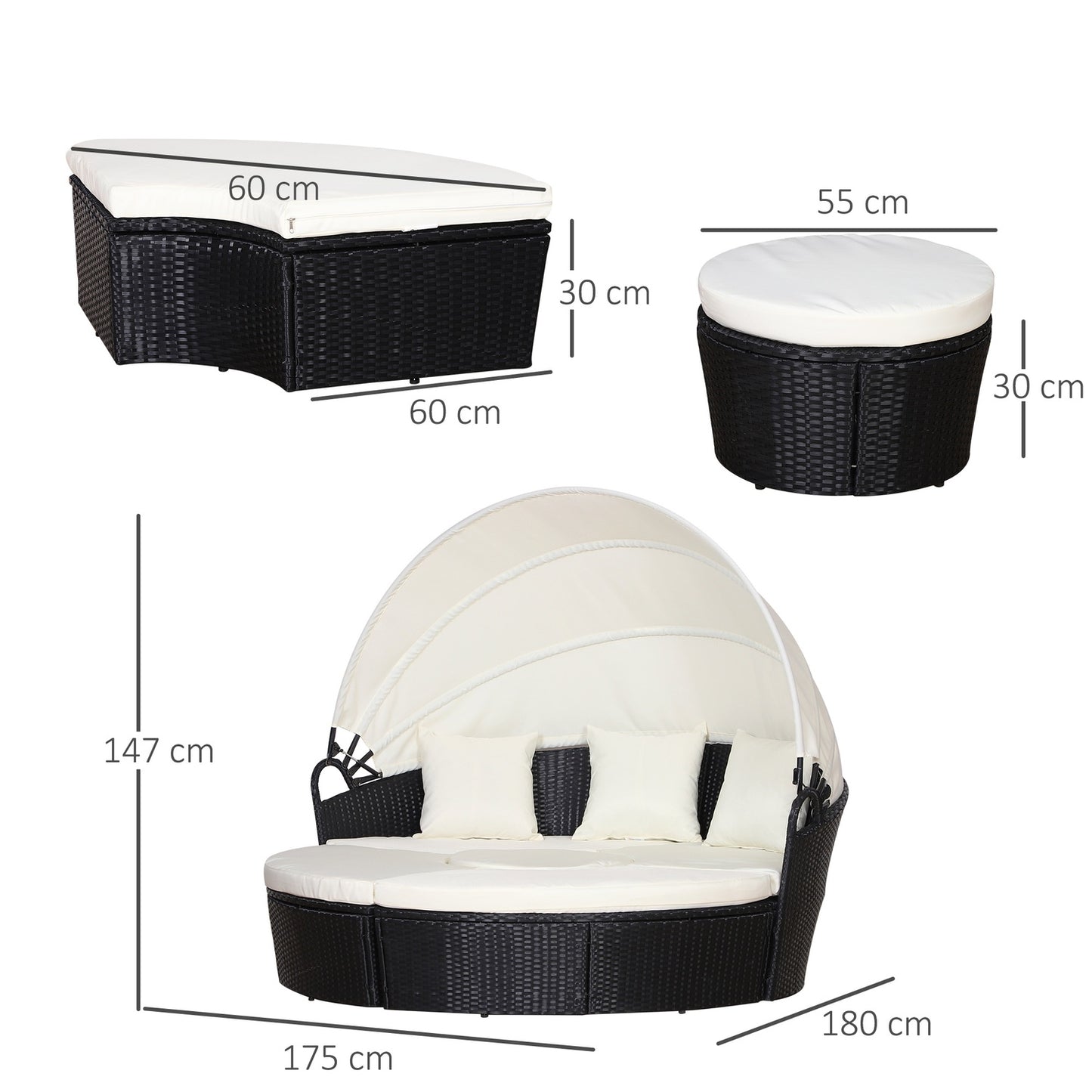 Seat set in rattan with sunshade, cushions and table