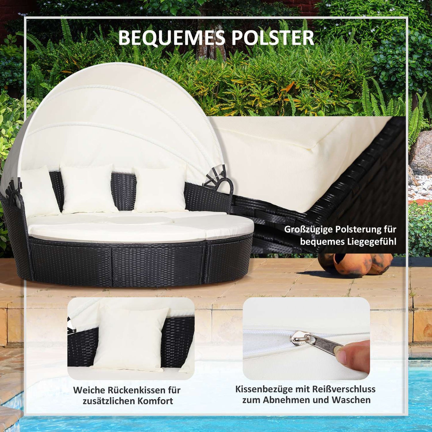 Seat set in rattan with sunshade, cushions and table