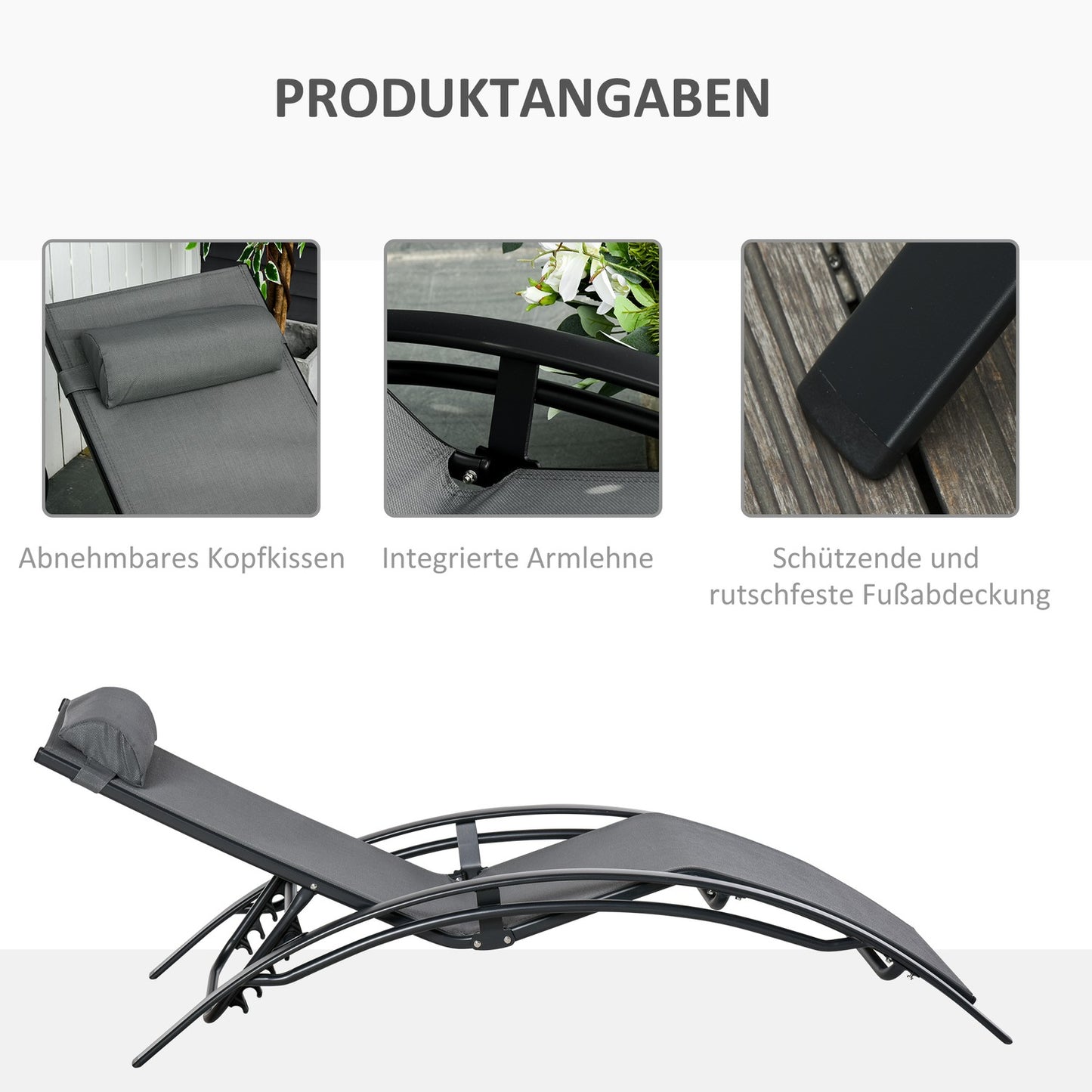 Adjustable sun lounger in aluminium, gray - 171x64x82 Cm