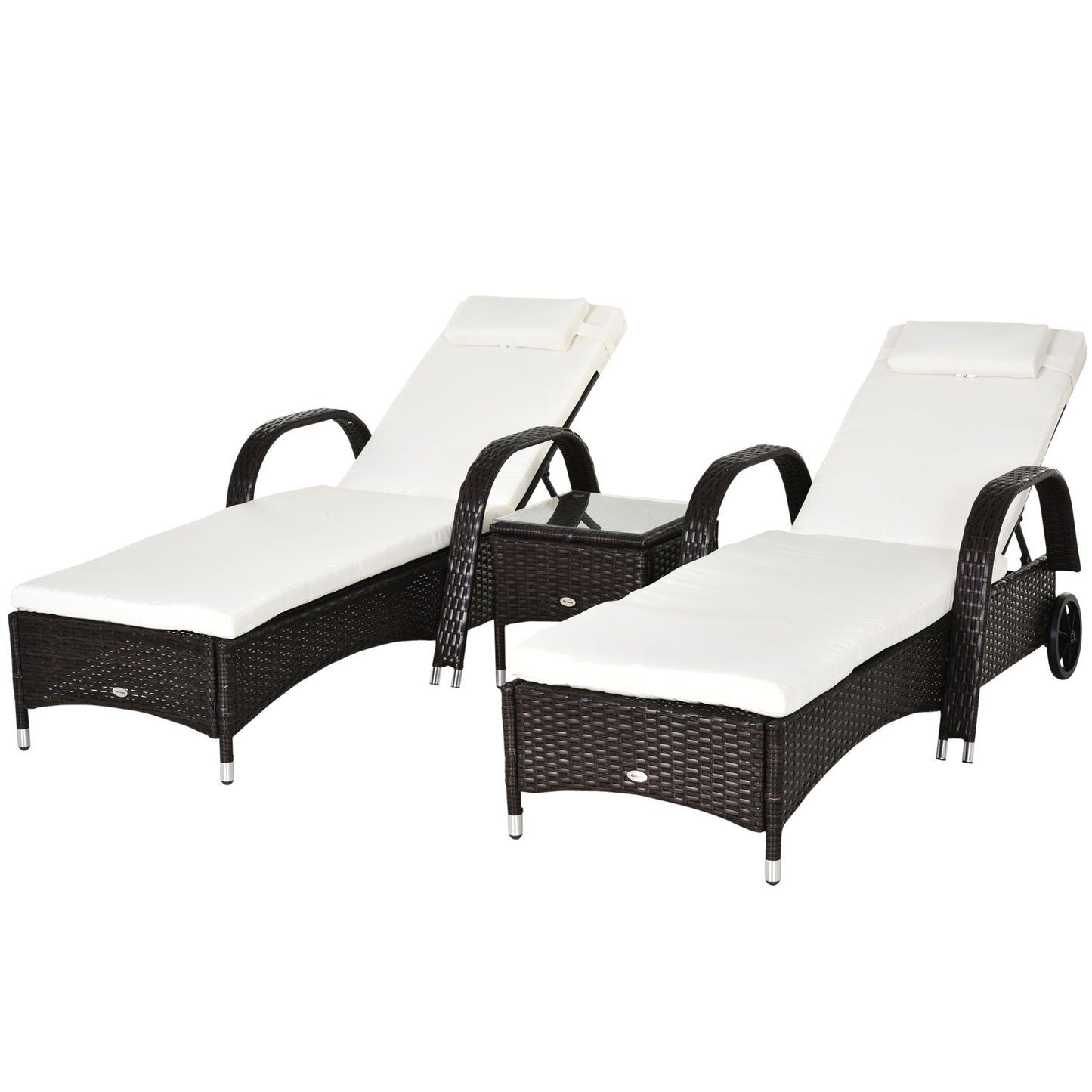 Sun lounger & table set in poly rattan, brown/creamy white