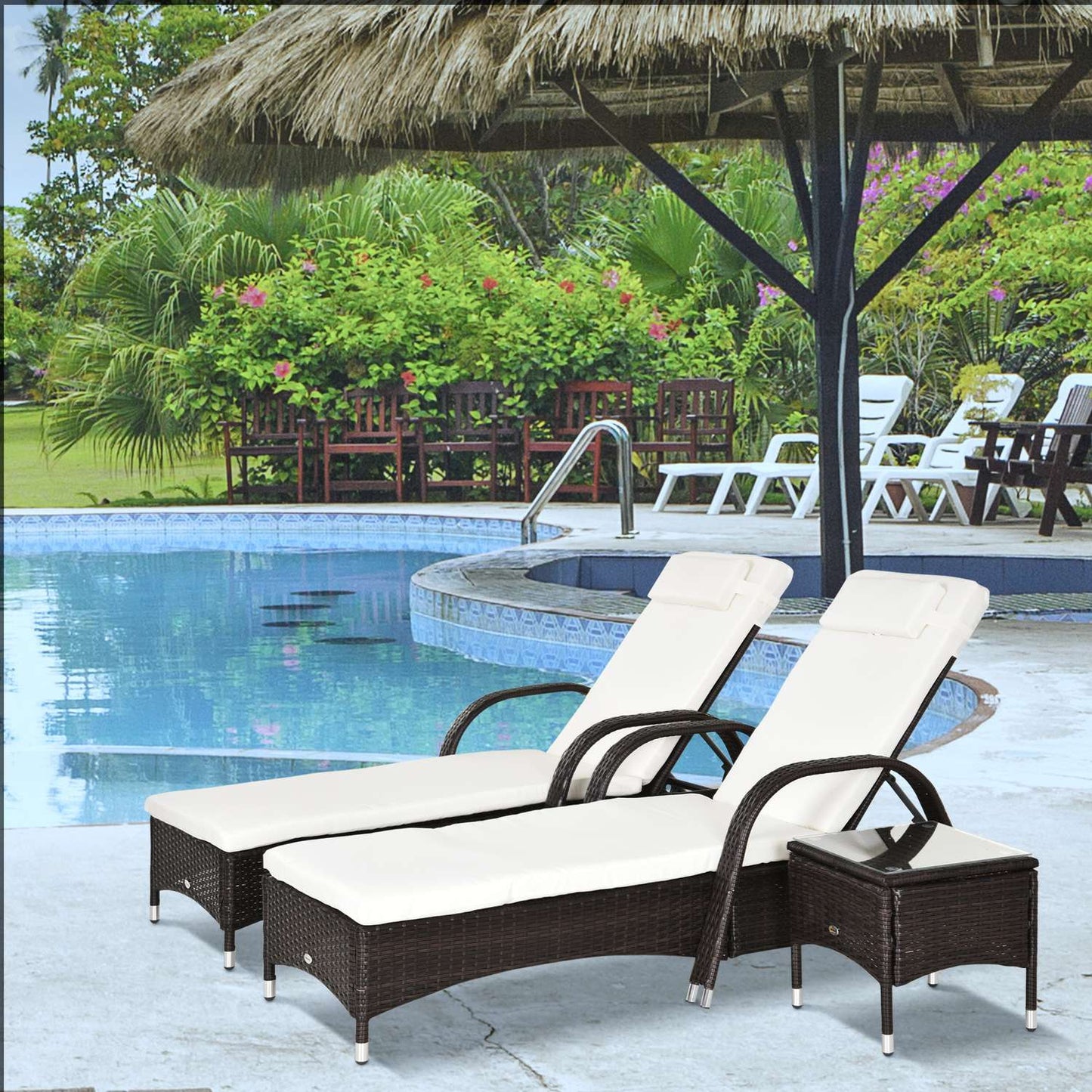 Sun lounger & table set in poly rattan, brown/creamy white