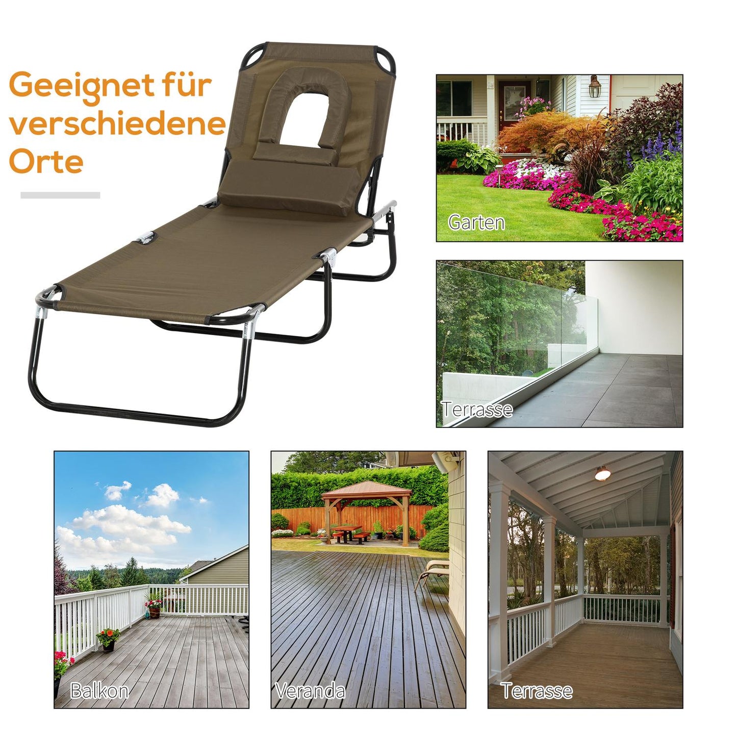Sun lounger with reading window and face opening, brown