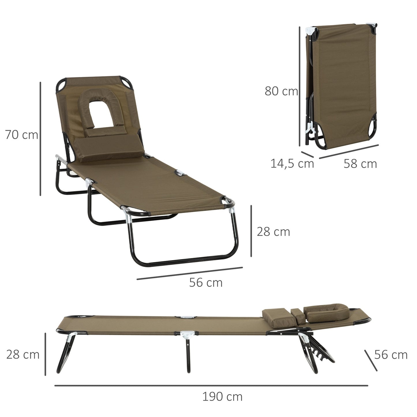Sun lounger with reading window and face opening, brown