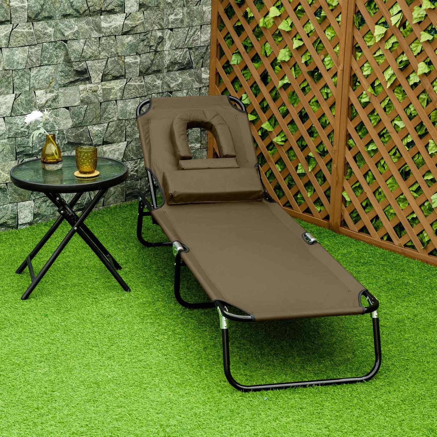 Sun lounger with reading window and face opening, brown