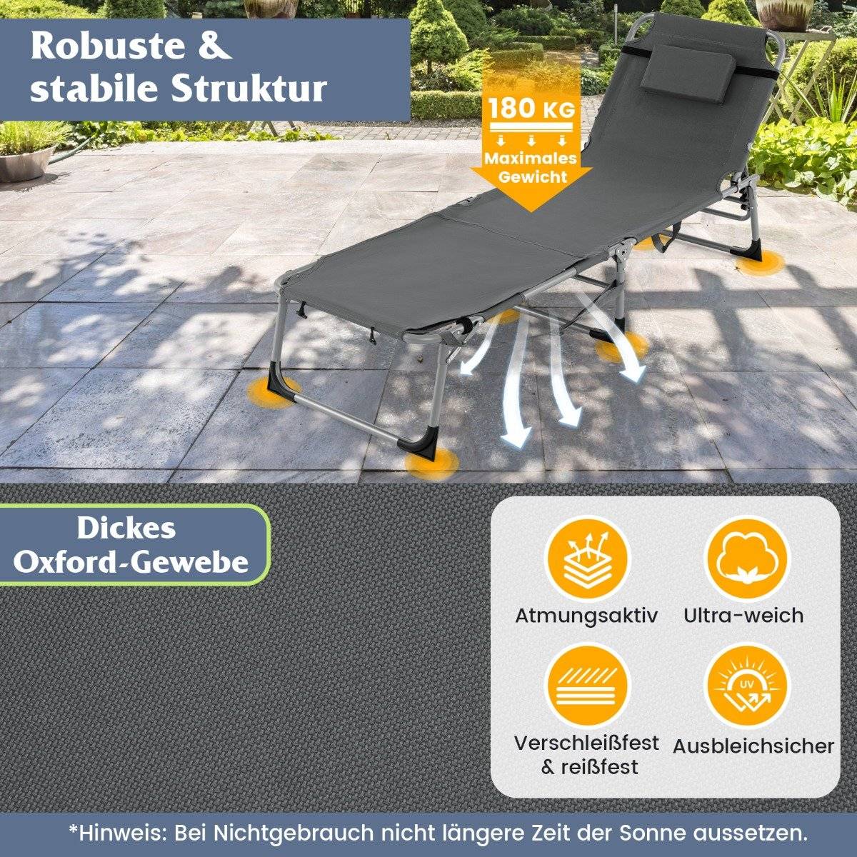 Sun Lounger with Face Opening & Adjustable Backrest & Footrest Foldable Garden Lounger Gray