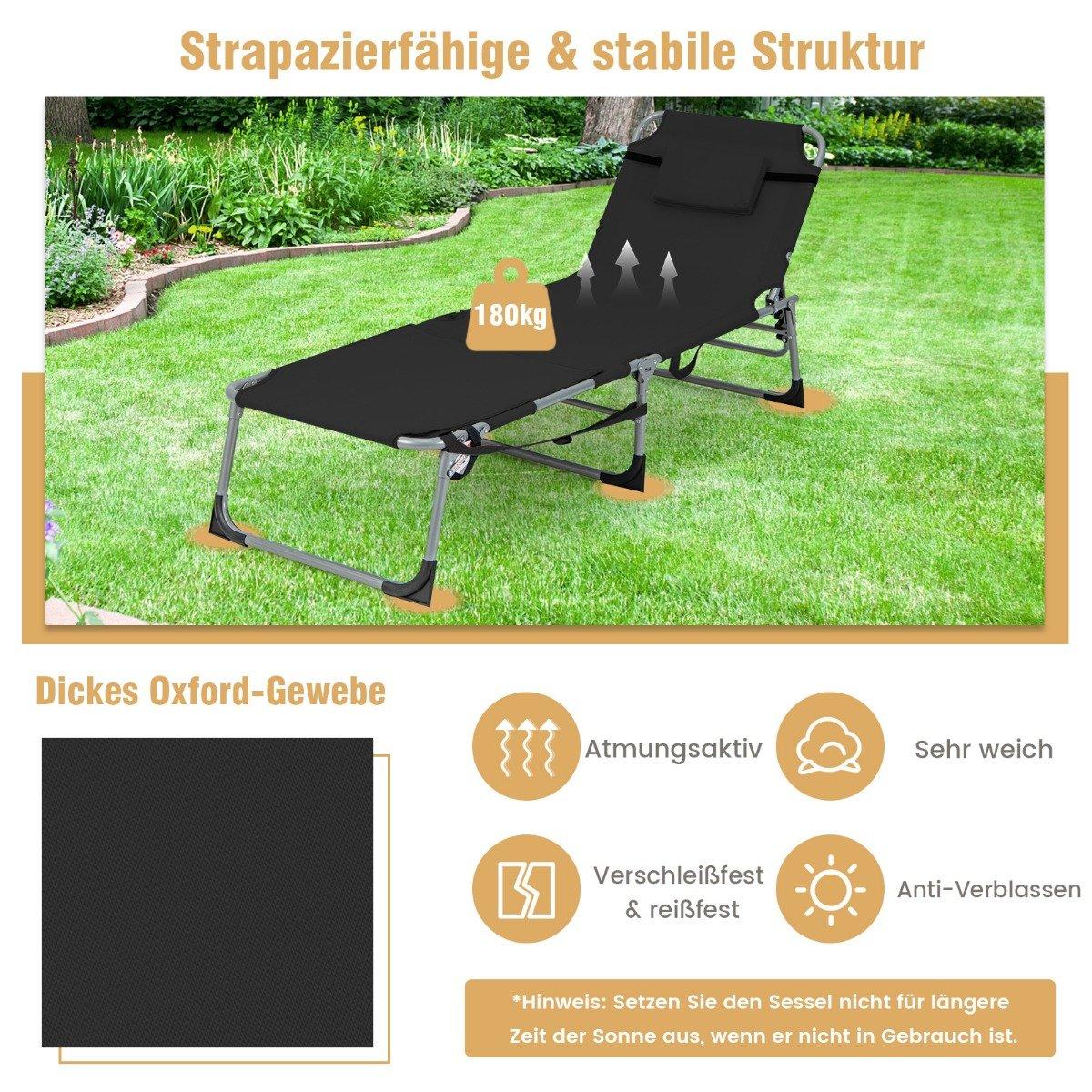 Sun Lounger with Face Opening Foldable Garden Lounger with Adjustable Backrest and Footrest Black