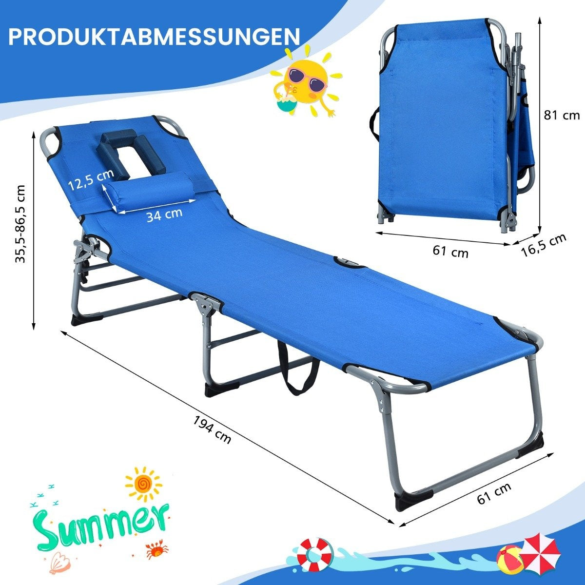 Sun lounger folding beach lounger 194 x 60 x 36-86 cm blue