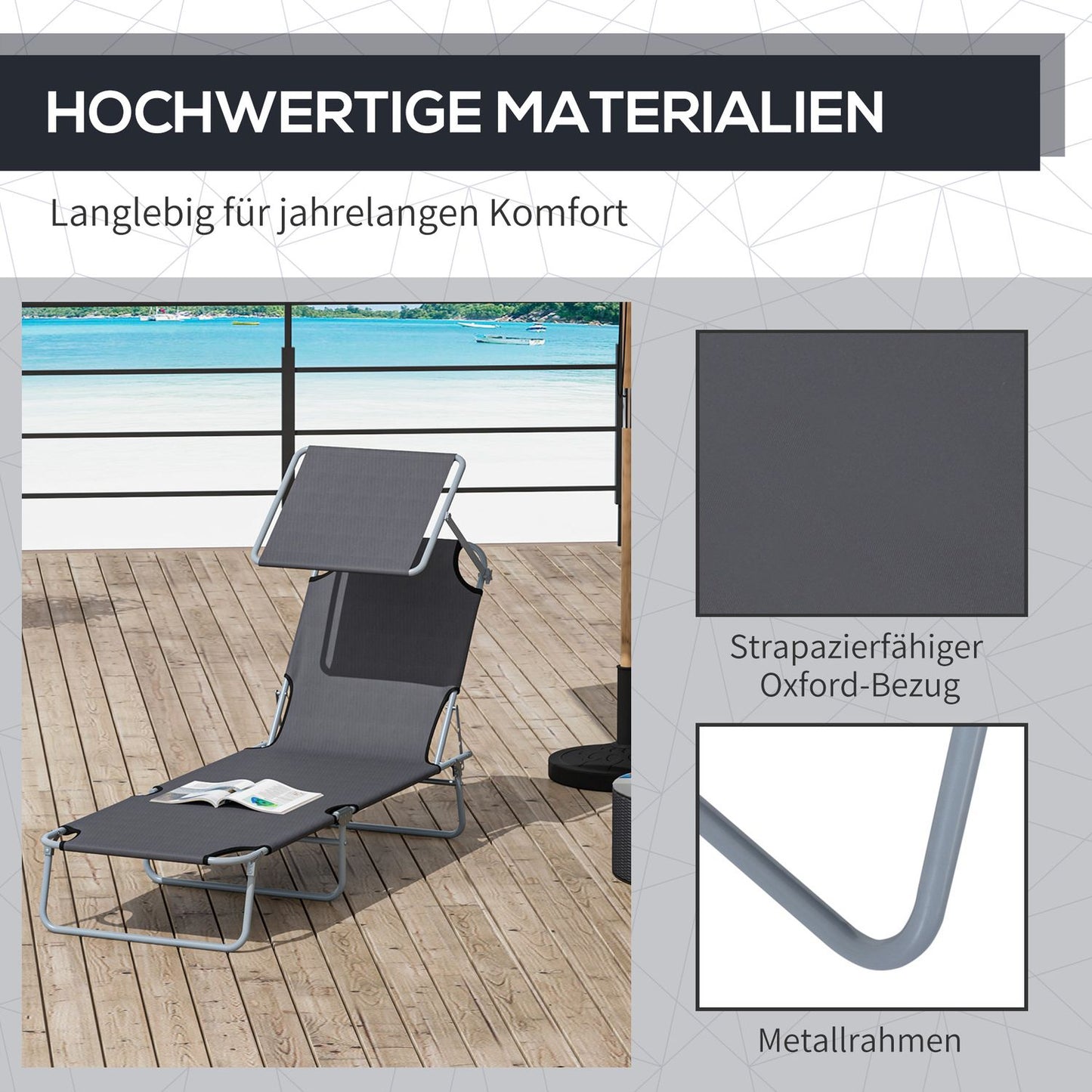 Folding sun lounger with sun protection, Gray - 187x58x36 cm