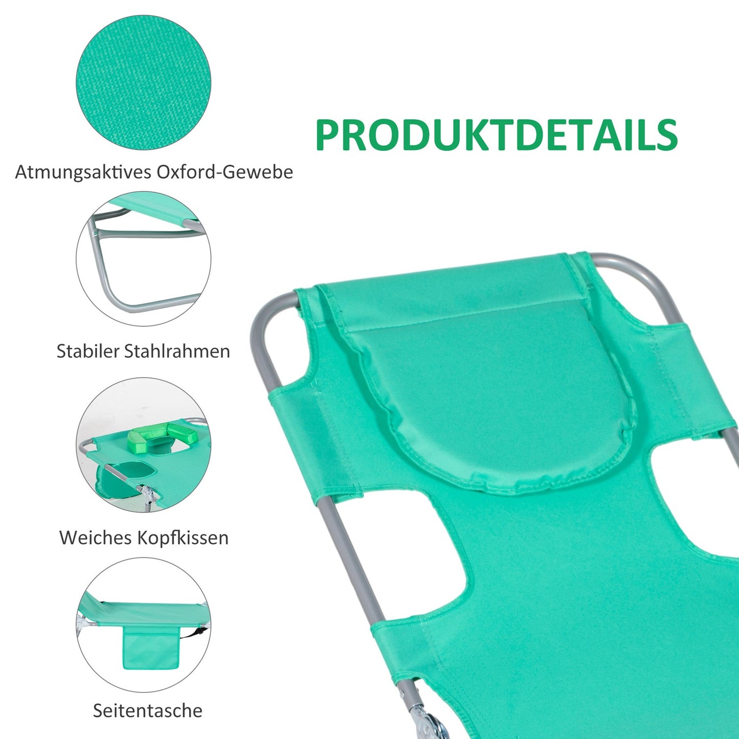 Folding garden sun lounger, 5 positions, weatherproof, green