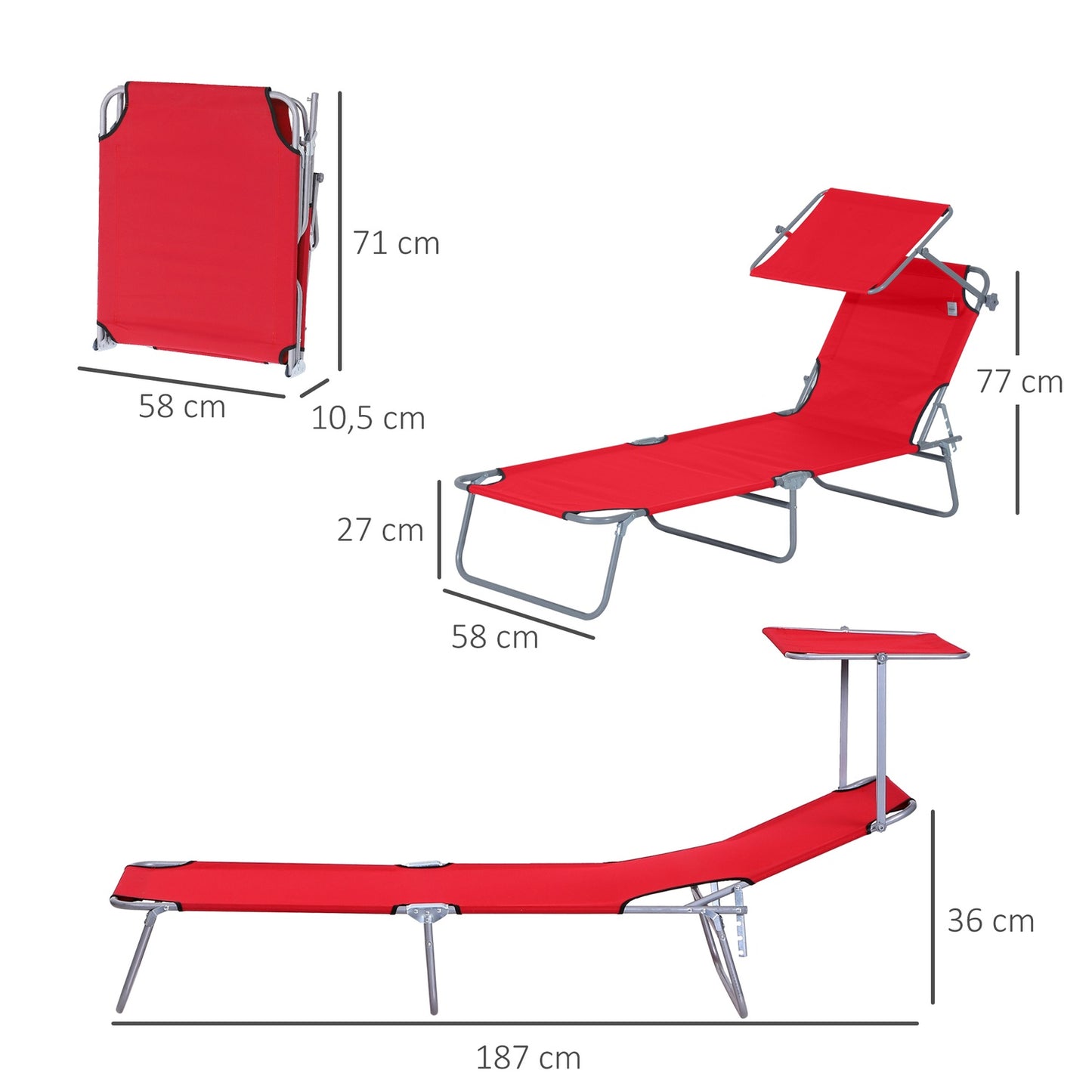 Folding red sun lounger with sun protection for outdoor use